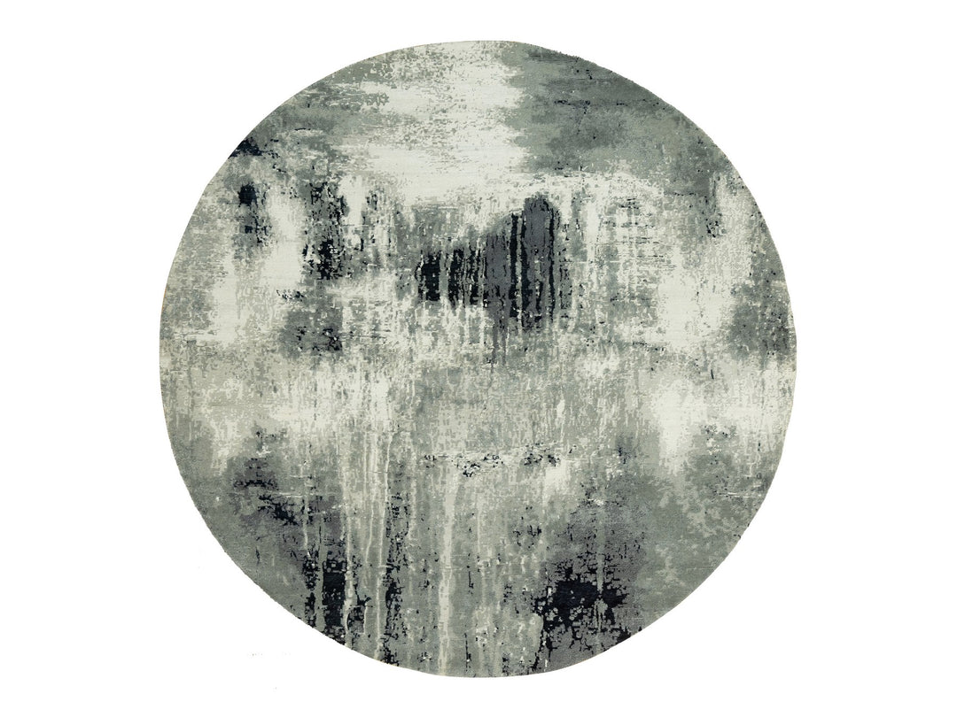 8'1" x 8'1" New Hand Knotted Black Wool & Silk Round Oriental Rug - MOA10290454