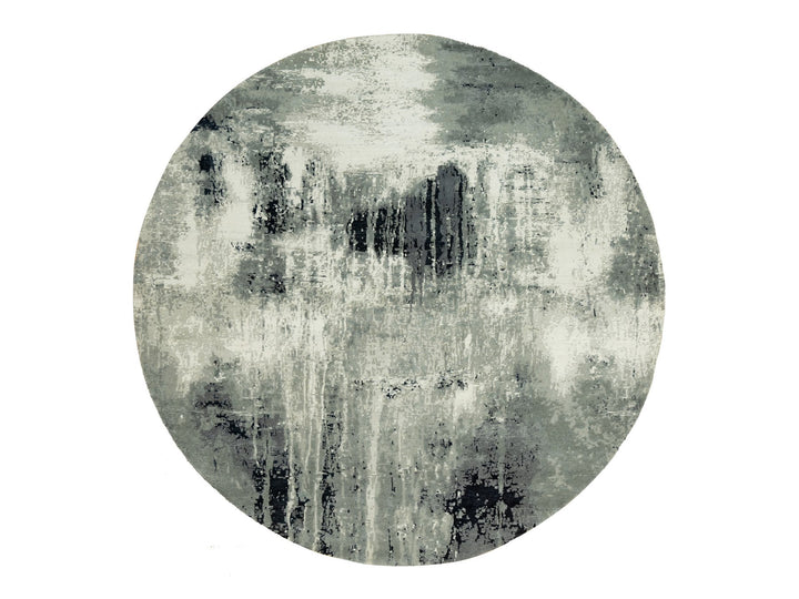 8'1" x 8'1" New Hand Knotted Black Wool & Silk Round Oriental Rug - MOA10290454