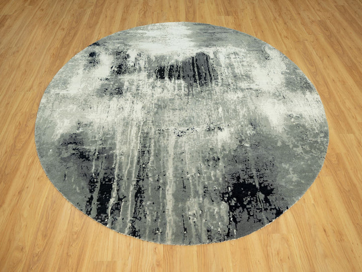 8'1" x 8'1" New Hand Knotted Black Wool & Silk Round Oriental Rug - MOA10290454