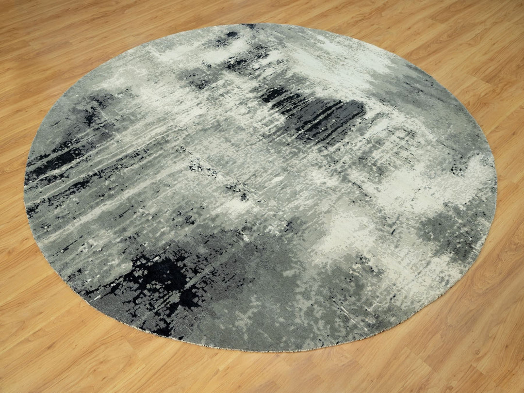 8'1" x 8'1" New Hand Knotted Black Wool & Silk Round Oriental Rug - MOA10290454