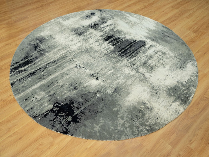 8'1" x 8'1" New Hand Knotted Black Wool & Silk Round Oriental Rug - MOA10290454