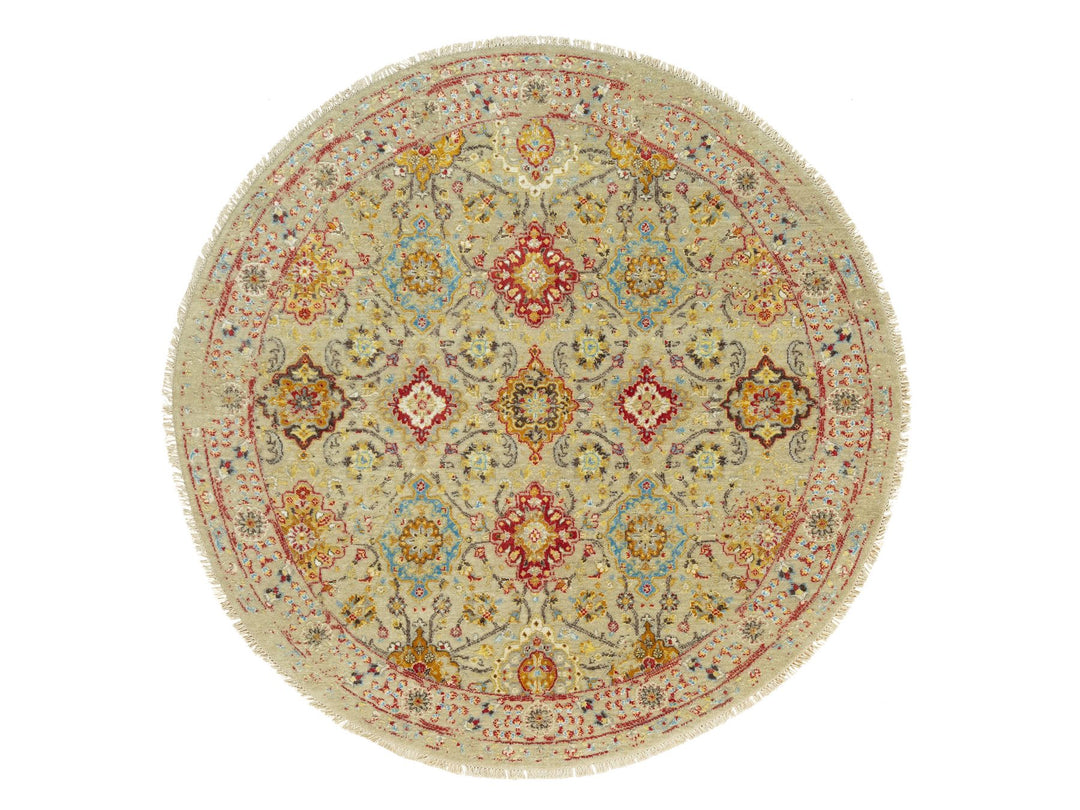 6'0" x 6'0" New Hand Knotted Beige Wool & Silk Round Oriental Rug - MOA10290464