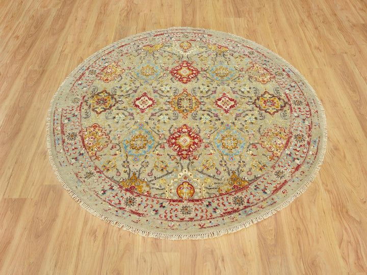 6'0" x 6'0" New Hand Knotted Beige Wool & Silk Round Oriental Rug - MOA10290464