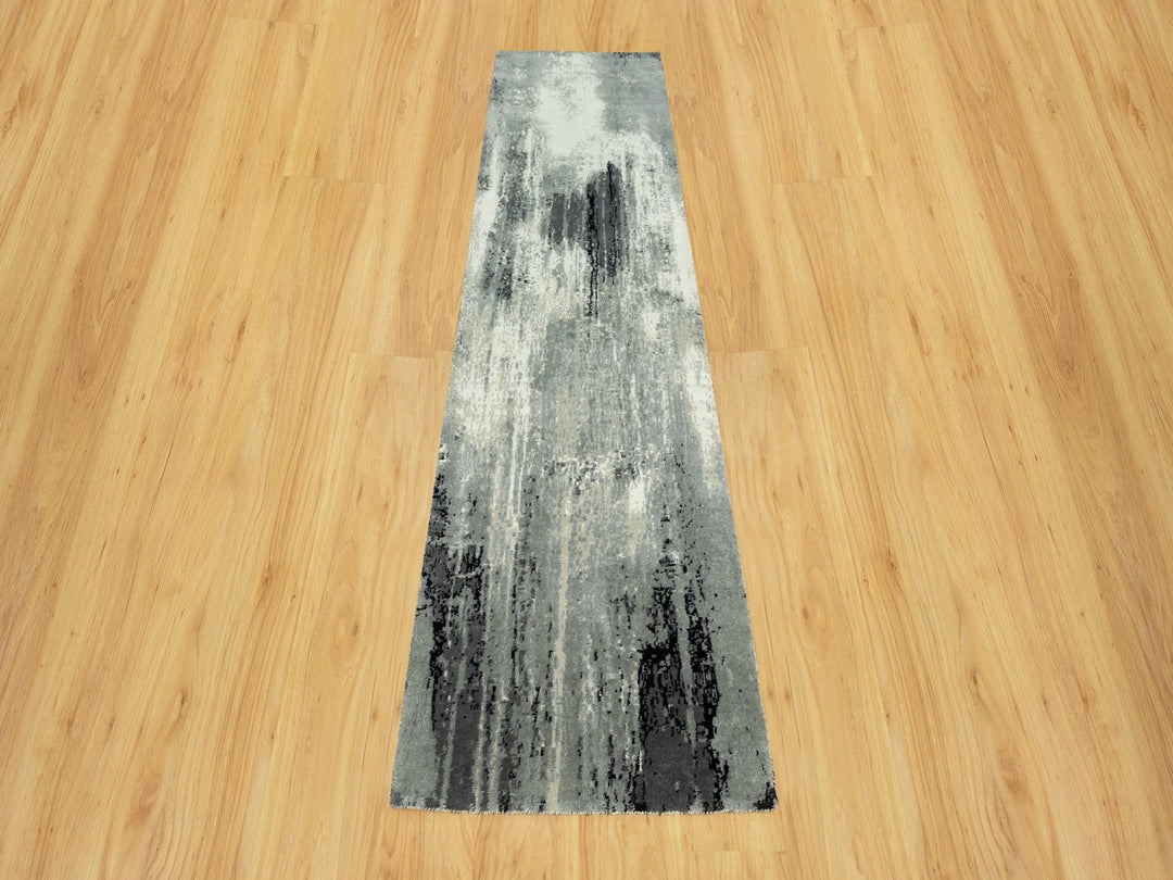2'7" x 10'0" New Hand Knotted Black Wool & Silk Runner Oriental Rug - MOA10290465