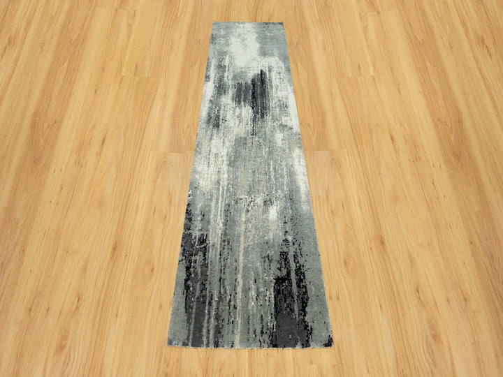 2'7" x 10'0" New Hand Knotted Black Wool & Silk Runner Oriental Rug - MOA10290465