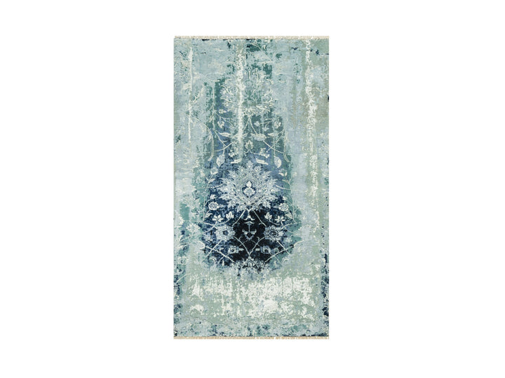 3'0" x 5'10" New Hand Knotted Blue Wool & Silk Runner Oriental Rug - MOA10290470