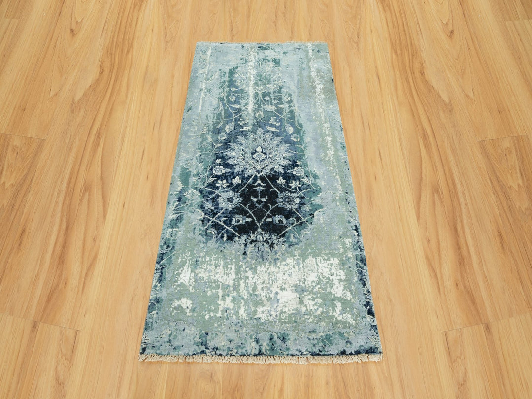3'0" x 5'10" New Hand Knotted Blue Wool & Silk Runner Oriental Rug - MOA10290470