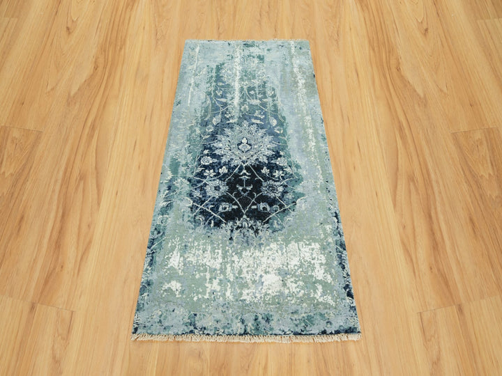 3'0" x 5'10" New Hand Knotted Blue Wool & Silk Runner Oriental Rug - MOA10290470