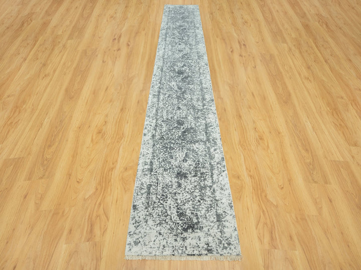 2'6" x 15'8" New Hand Knotted Grey Wool & Silk Runner Oriental Rug - MOA10290473