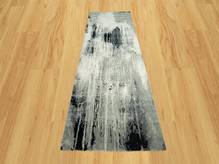 4'2" x 12'0" New Hand Knotted Black Wool & Silk Runner Oriental Rug - MOA10290474