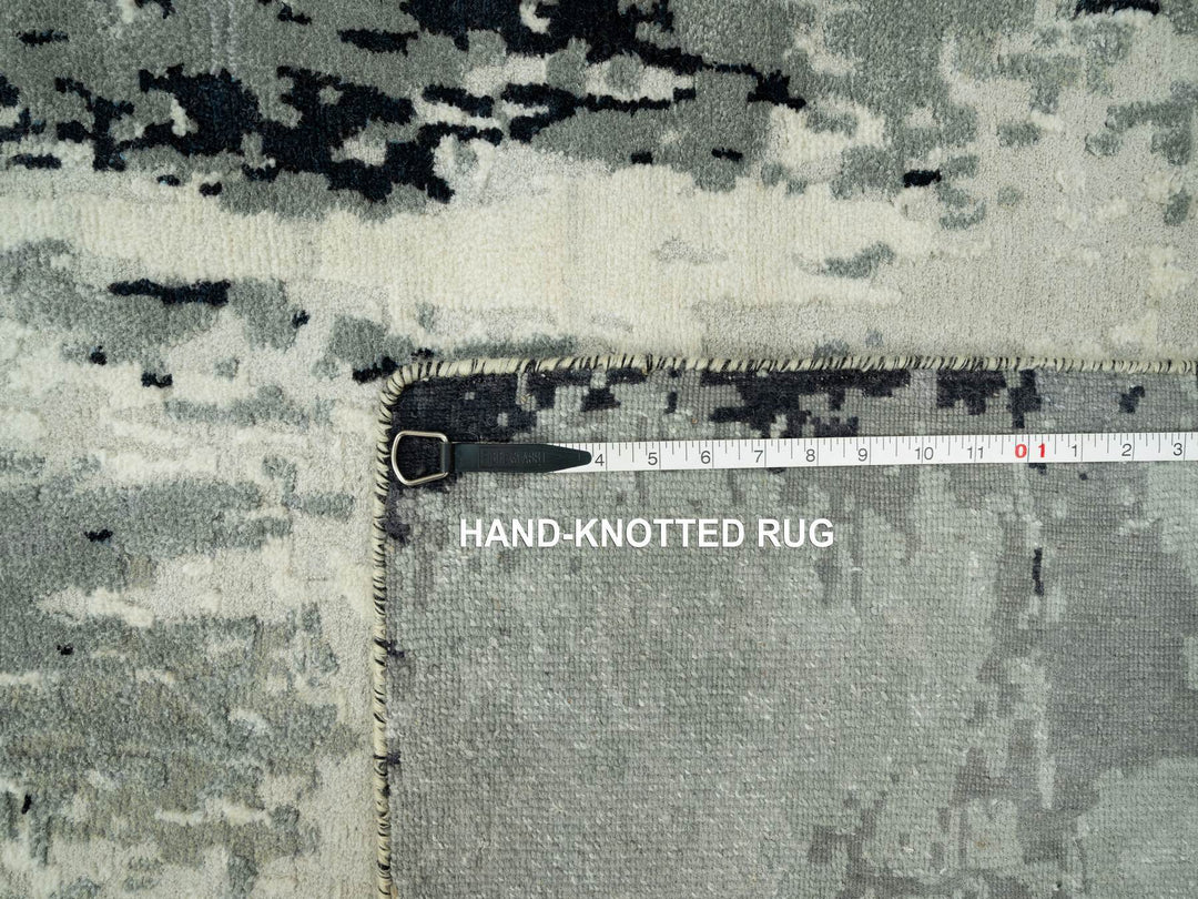 4'2" x 12'0" New Hand Knotted Black Wool & Silk Runner Oriental Rug - MOA10290474