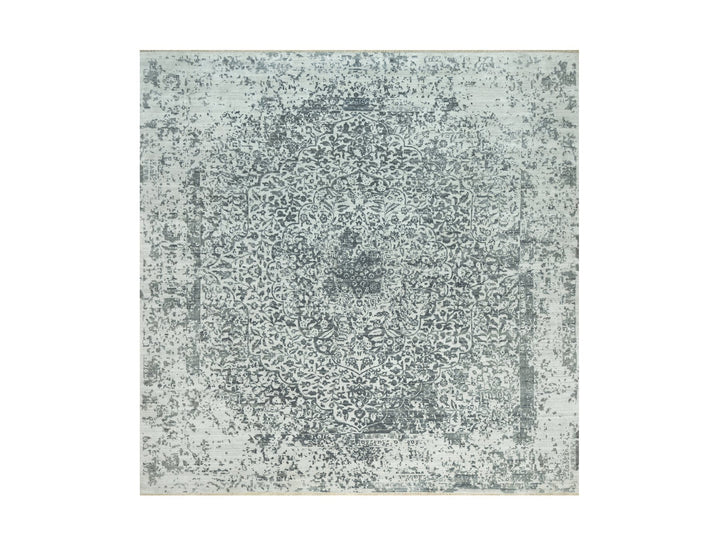 13'9" x 13'10" New Hand Knotted Grey Wool & Silk Square Oriental Rug - MOA10290477