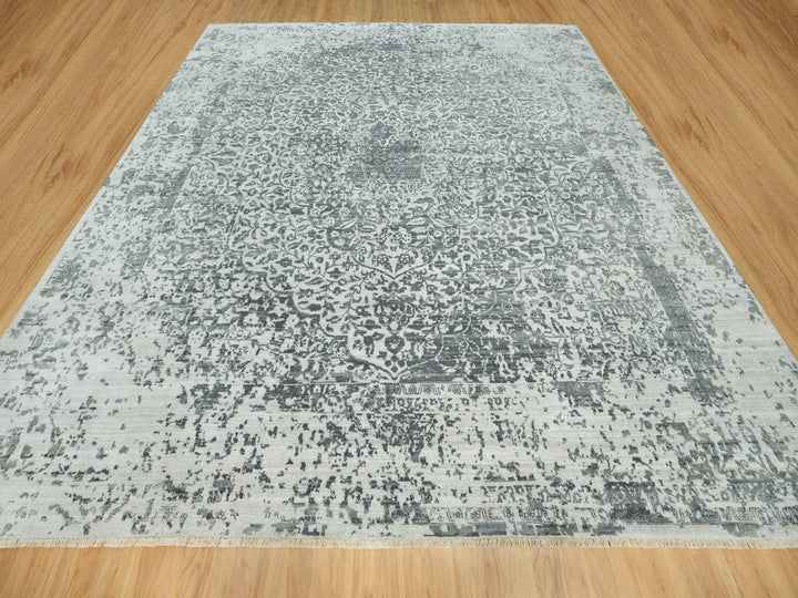 13'9" x 13'10" New Hand Knotted Grey Wool & Silk Square Oriental Rug - MOA10290477