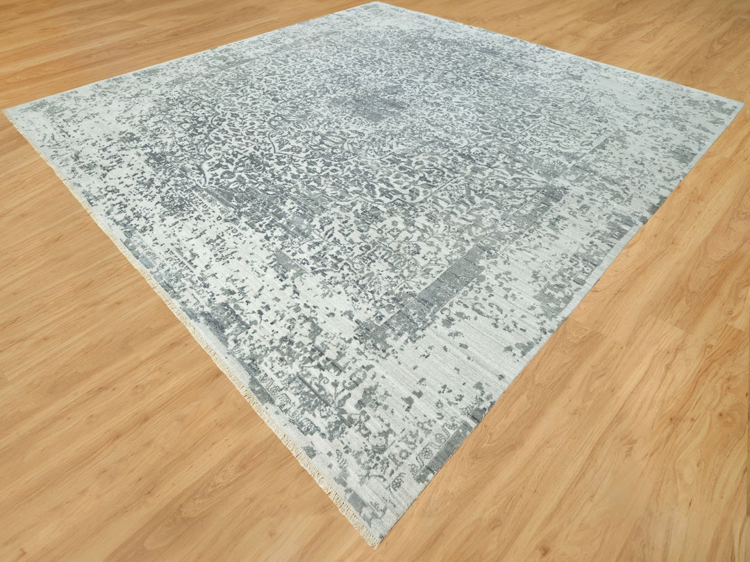 13'9" x 13'10" New Hand Knotted Grey Wool & Silk Square Oriental Rug - MOA10290477