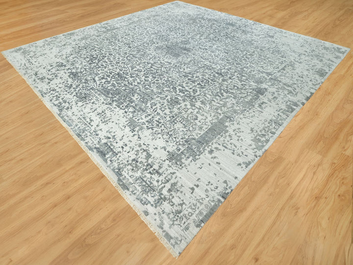 13'9" x 13'10" New Hand Knotted Grey Wool & Silk Square Oriental Rug - MOA10290477