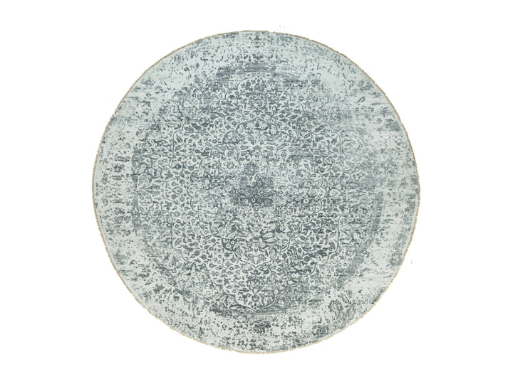 13'10" x 13'10" New Hand Knotted Grey Wool & Silk Round Oriental Rug - MOA10290480