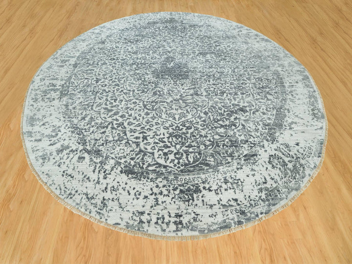 13'10" x 13'10" New Hand Knotted Grey Wool & Silk Round Oriental Rug - MOA10290480
