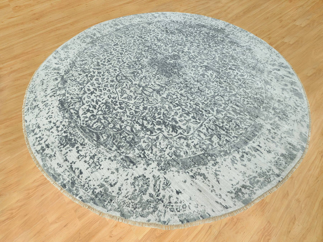 13'10" x 13'10" New Hand Knotted Grey Wool & Silk Round Oriental Rug - MOA10290480