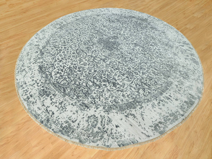 13'10" x 13'10" New Hand Knotted Grey Wool & Silk Round Oriental Rug - MOA10290480