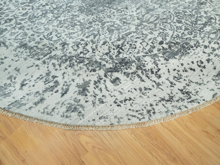 13'10" x 13'10" New Hand Knotted Grey Wool & Silk Round Oriental Rug - MOA10290480