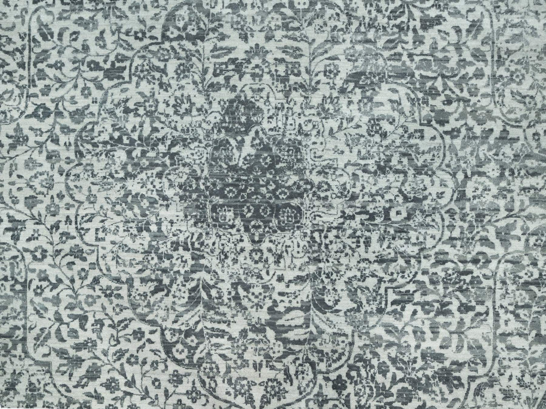 13'10" x 13'10" New Hand Knotted Grey Wool & Silk Round Oriental Rug - MOA10290480