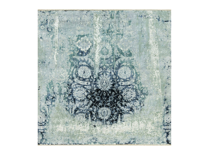8'0" x 8'0" New Hand Knotted Blue Wool & Silk Square Oriental Rug - MOA10290482