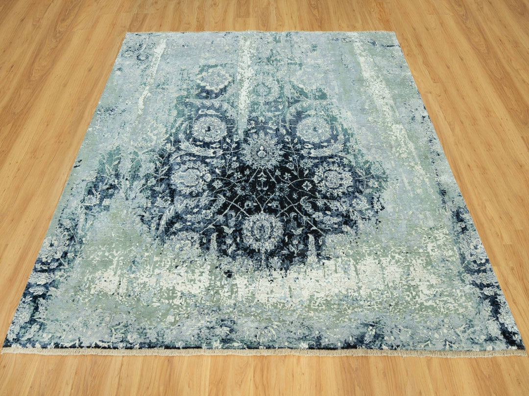 8'0" x 8'0" New Hand Knotted Blue Wool & Silk Square Oriental Rug - MOA10290482