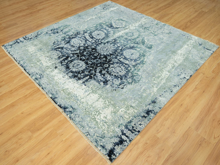 8'0" x 8'0" New Hand Knotted Blue Wool & Silk Square Oriental Rug - MOA10290482