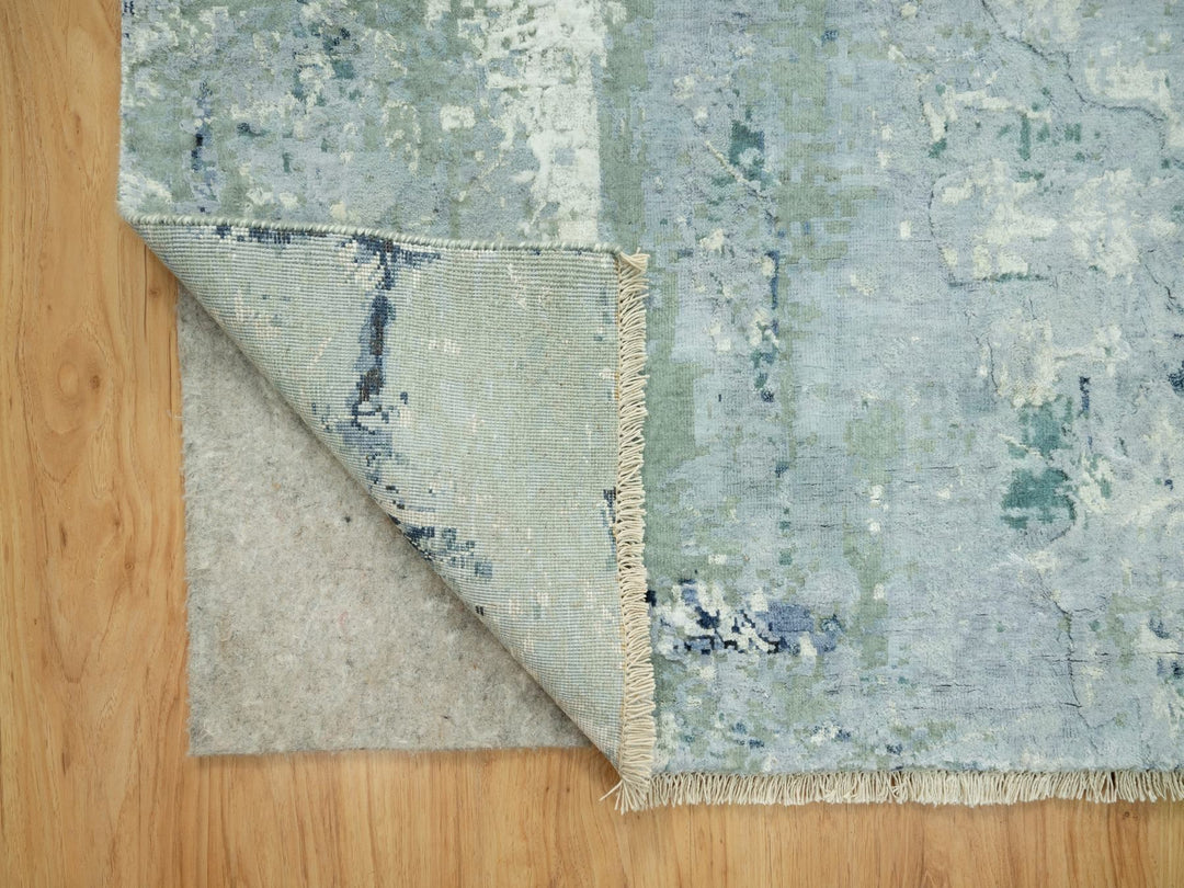 8'0" x 8'0" New Hand Knotted Blue Wool & Silk Square Oriental Rug - MOA10290482
