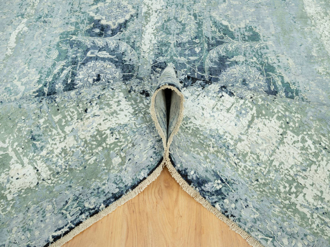 8'0" x 8'0" New Hand Knotted Blue Wool & Silk Square Oriental Rug - MOA10290482