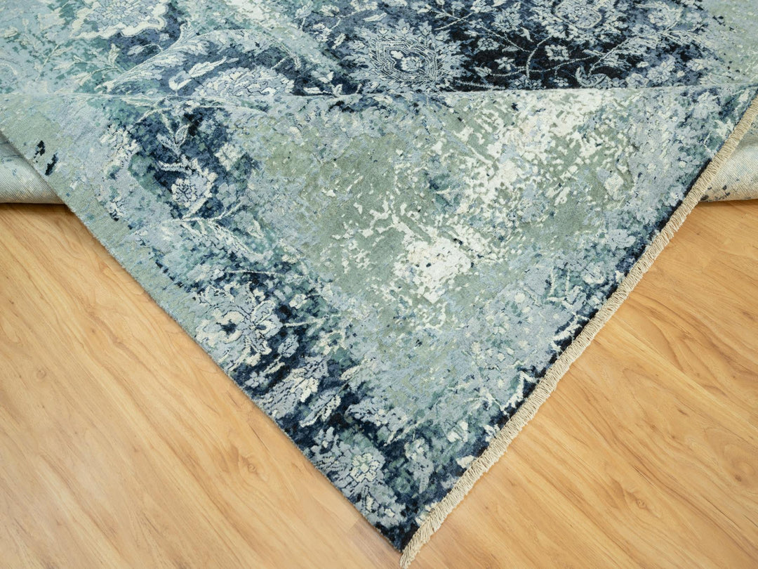 8'0" x 8'0" New Hand Knotted Blue Wool & Silk Square Oriental Rug - MOA10290482