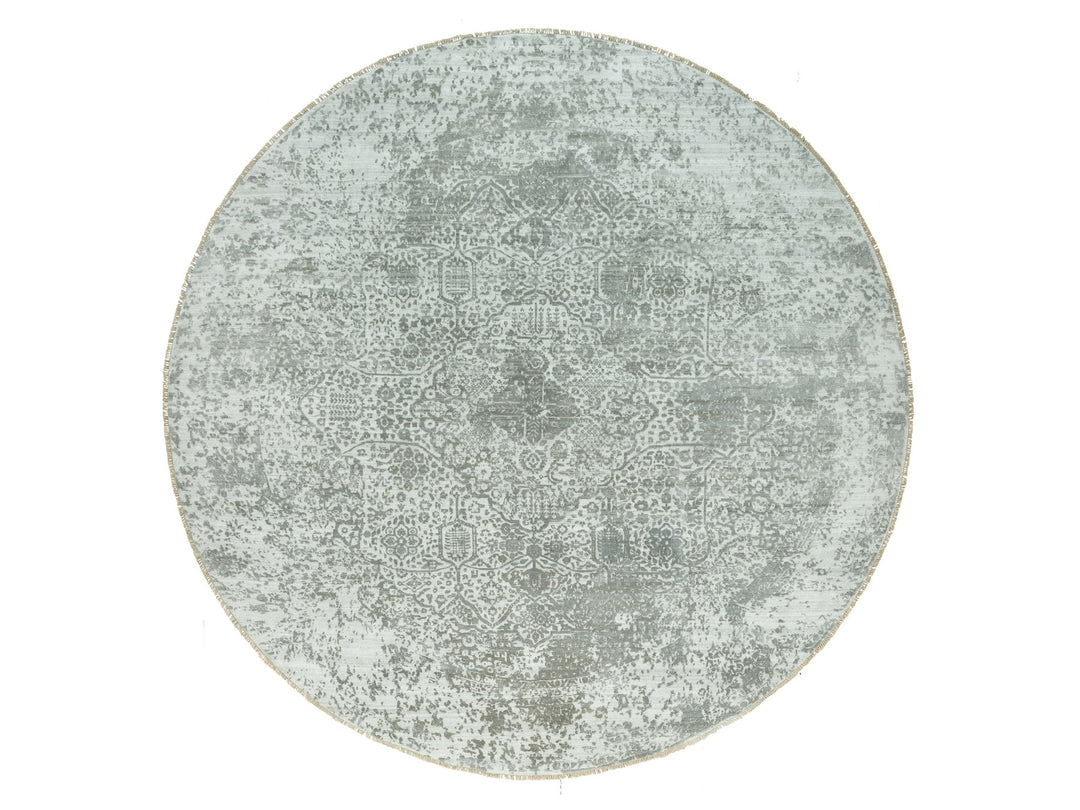 13'10" x 13'10" New Hand Knotted Grey Wool & Silk Round Oriental Rug - MOA10290483