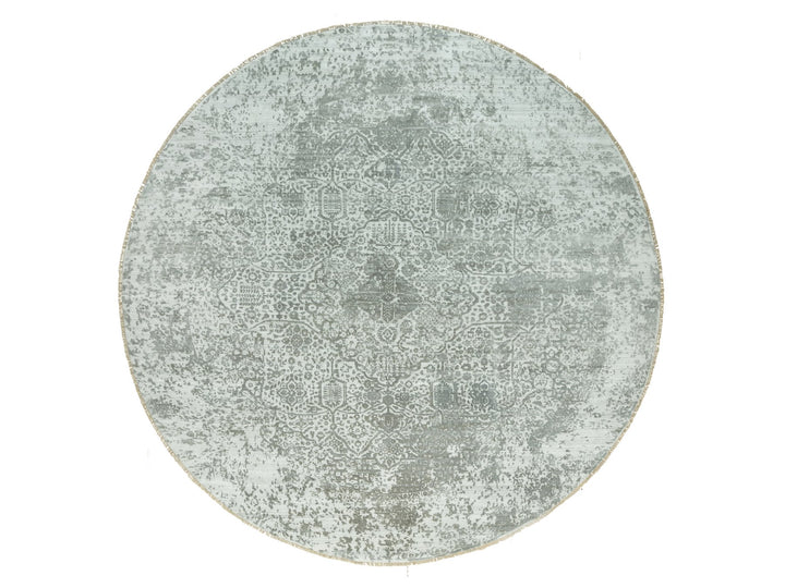 13'10" x 13'10" New Hand Knotted Grey Wool & Silk Round Oriental Rug - MOA10290483
