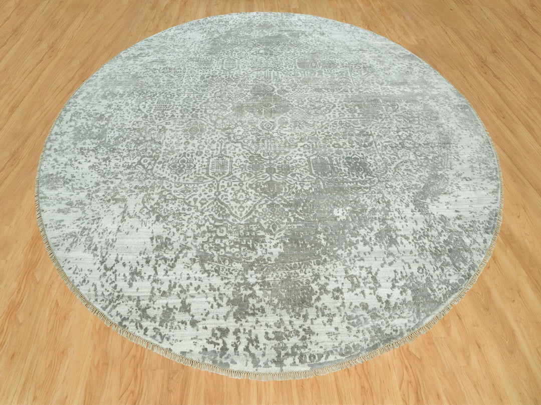 13'10" x 13'10" New Hand Knotted Grey Wool & Silk Round Oriental Rug - MOA10290483