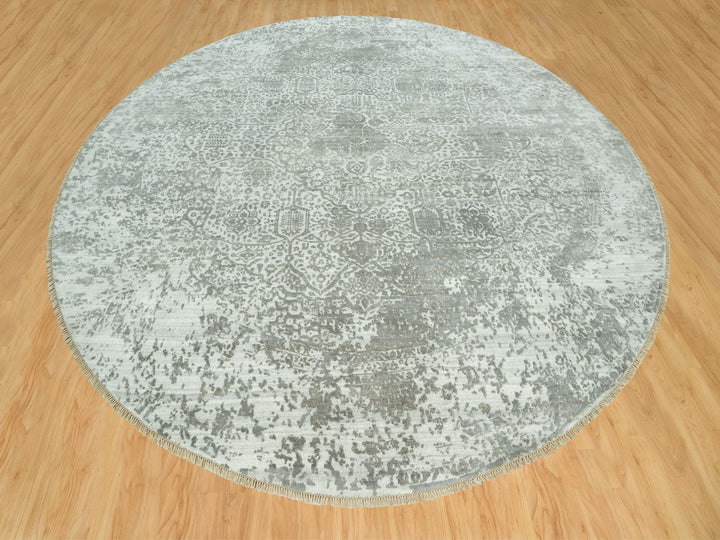 13'10" x 13'10" New Hand Knotted Grey Wool & Silk Round Oriental Rug - MOA10290483