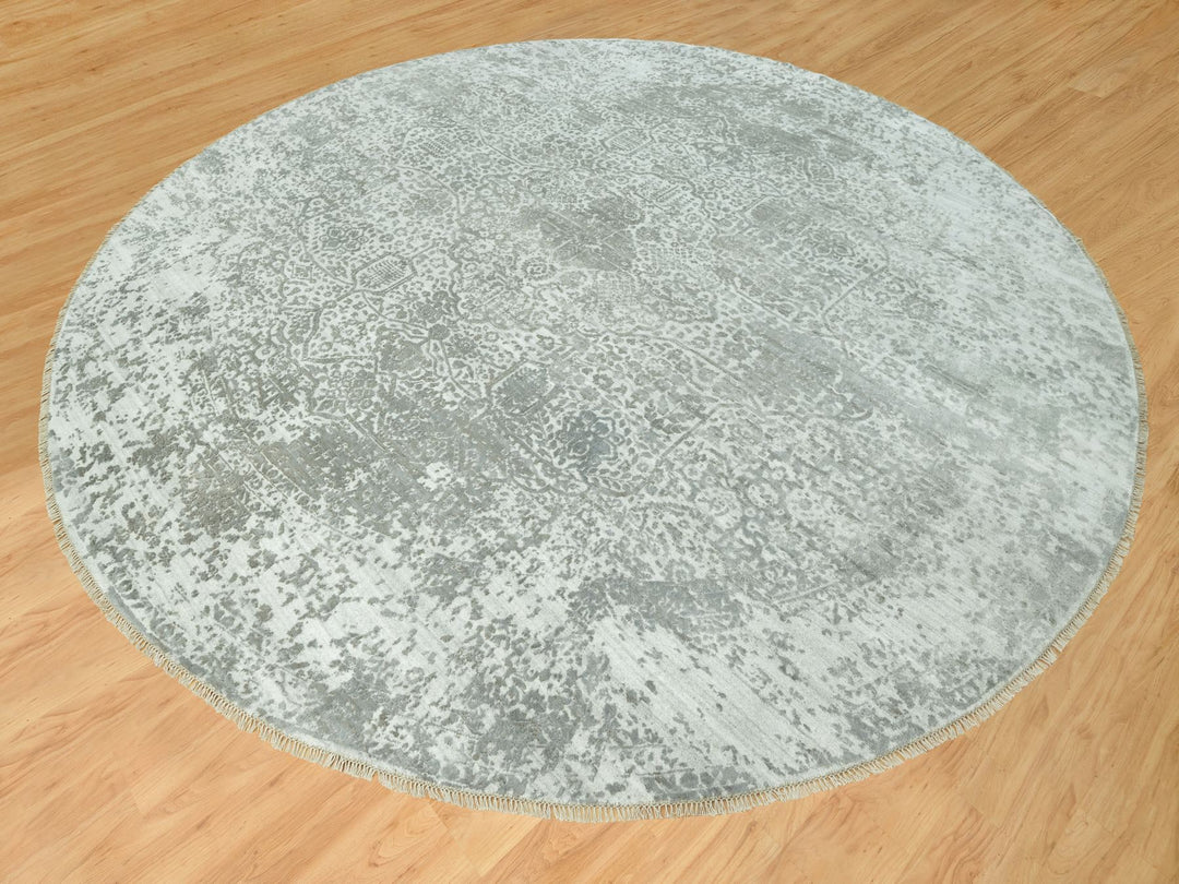 13'10" x 13'10" New Hand Knotted Grey Wool & Silk Round Oriental Rug - MOA10290483