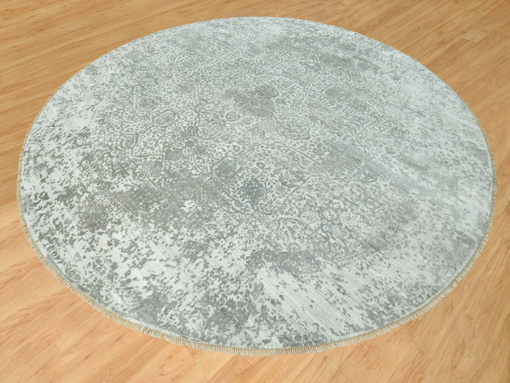 13'10" x 13'10" New Hand Knotted Grey Wool & Silk Round Oriental Rug - MOA10290483