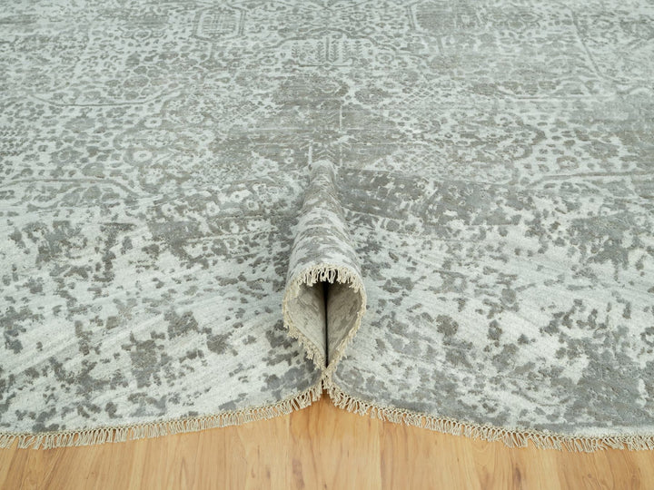 13'10" x 13'10" New Hand Knotted Grey Wool & Silk Round Oriental Rug - MOA10290483