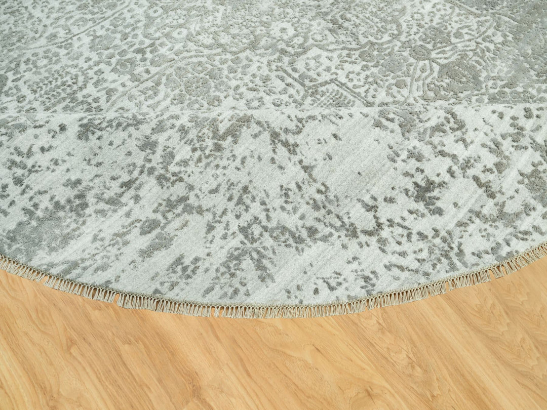 13'10" x 13'10" New Hand Knotted Grey Wool & Silk Round Oriental Rug - MOA10290483