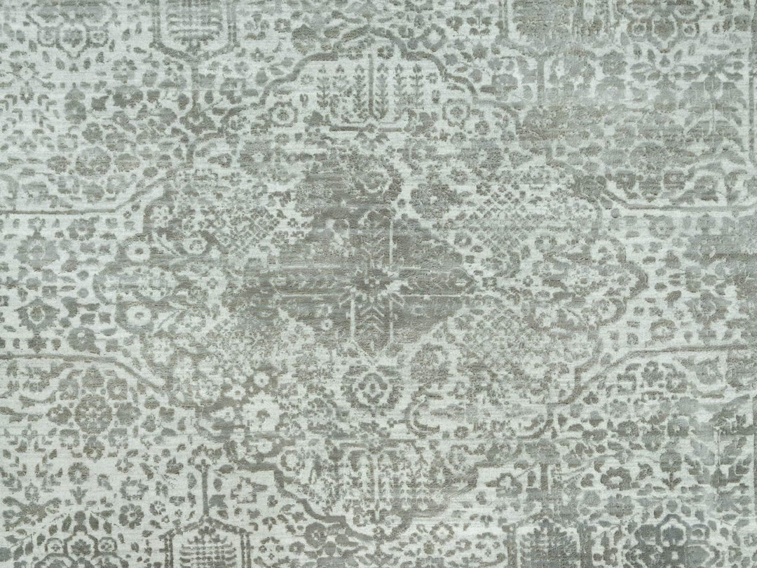 13'10" x 13'10" New Hand Knotted Grey Wool & Silk Round Oriental Rug - MOA10290483