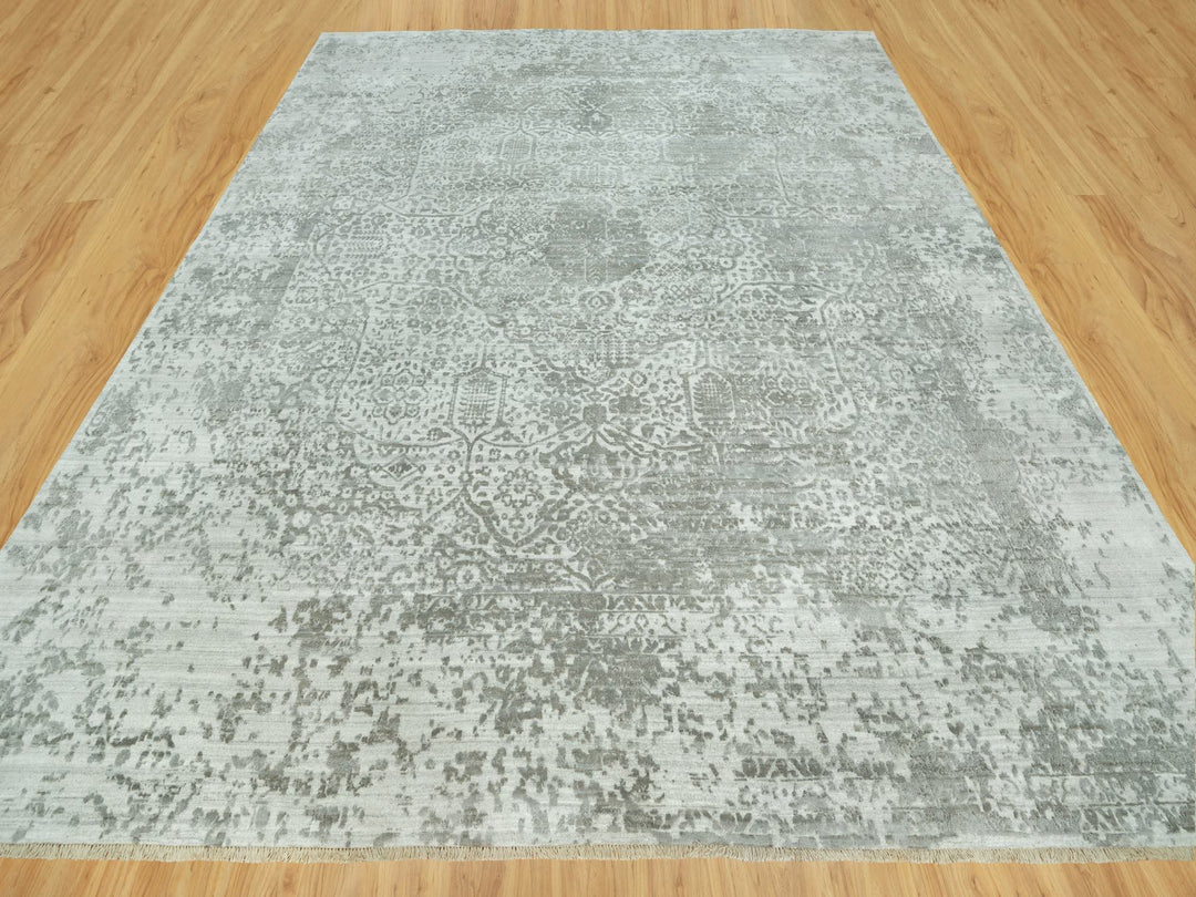 14'0" x 13'11" New Hand Knotted Grey Wool & Silk Square Oriental Rug - MOA10290484