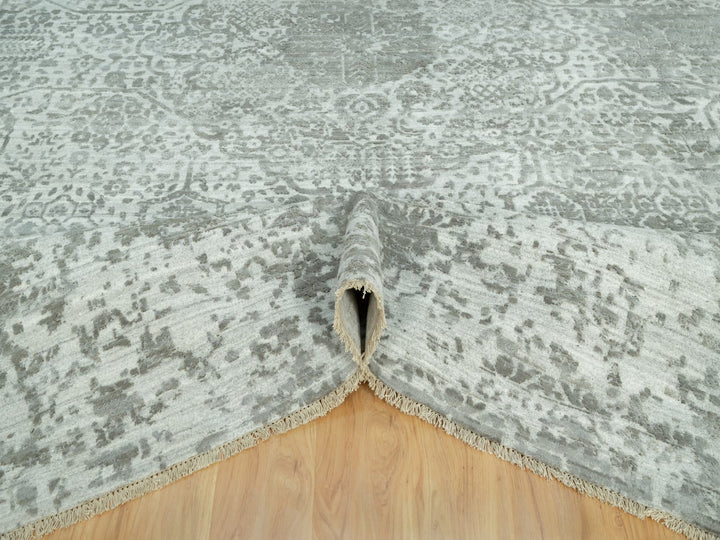 14'0" x 13'11" New Hand Knotted Grey Wool & Silk Square Oriental Rug - MOA10290484