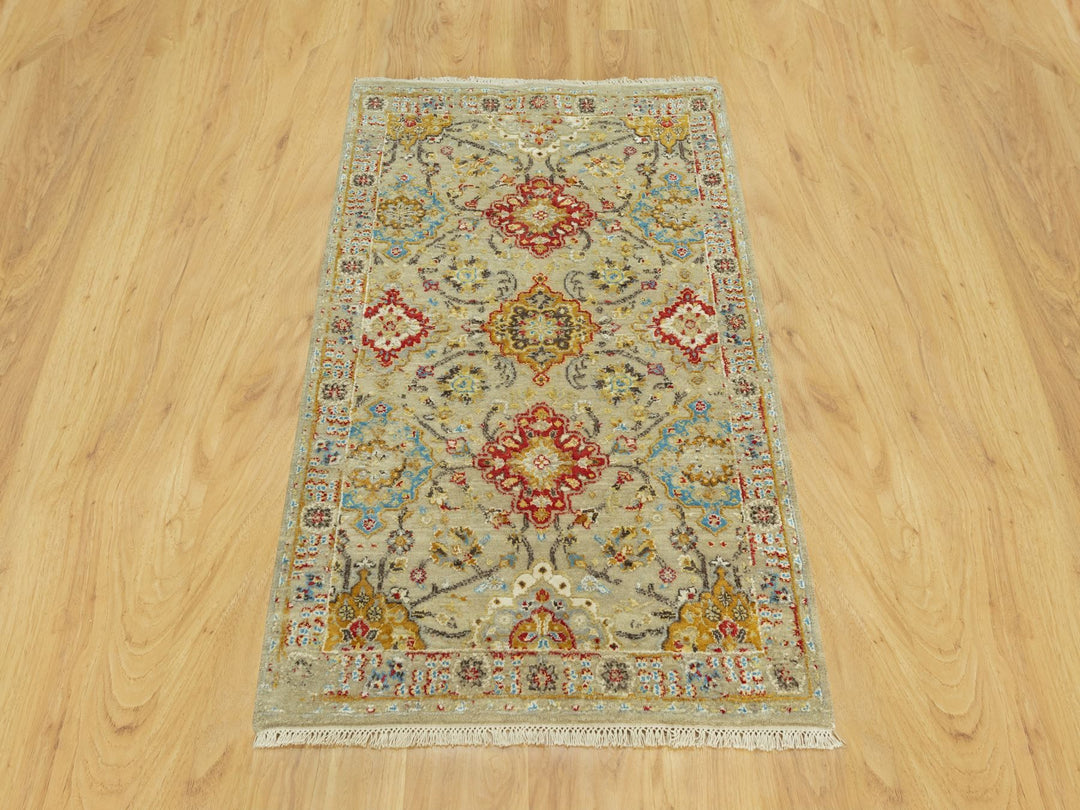 3'3" x 5'0" New Hand Knotted Beige Wool & Silk Rectangle Oriental Rug - MOA10290521