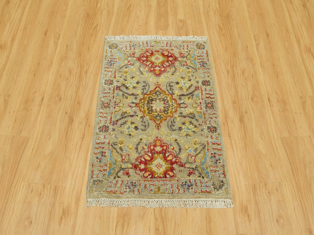 2'1" x 3'1" New Hand Knotted Beige Wool & Silk Rectangle Oriental Rug - MOA10290523