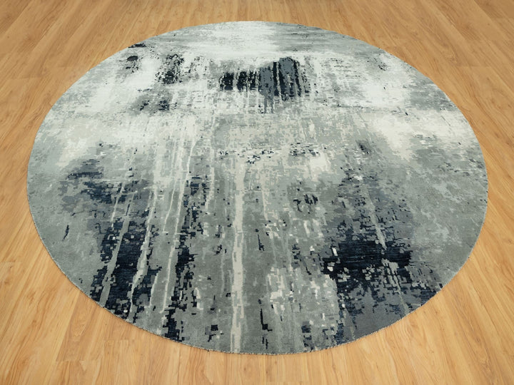 11'9" x 11'9" New Hand Knotted Black Wool & Silk Round Oriental Rug - MOA10290525