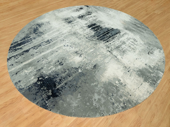 11'9" x 11'9" New Hand Knotted Black Wool & Silk Round Oriental Rug - MOA10290525