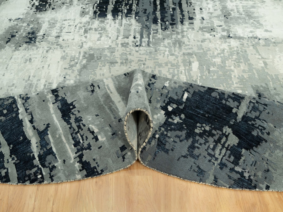 11'9" x 11'9" New Hand Knotted Black Wool & Silk Round Oriental Rug - MOA10290525