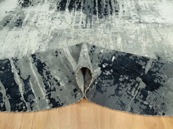 11'9" x 11'9" New Hand Knotted Black Wool & Silk Round Oriental Rug - MOA10290525