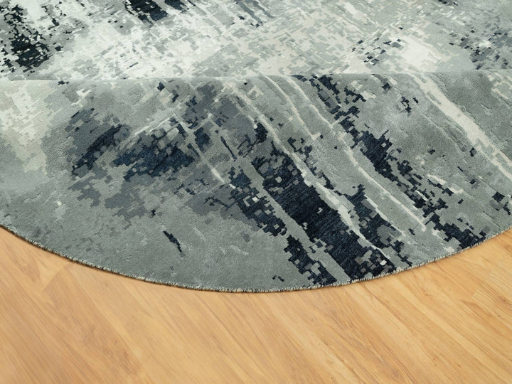 11'9" x 11'9" New Hand Knotted Black Wool & Silk Round Oriental Rug - MOA10290525