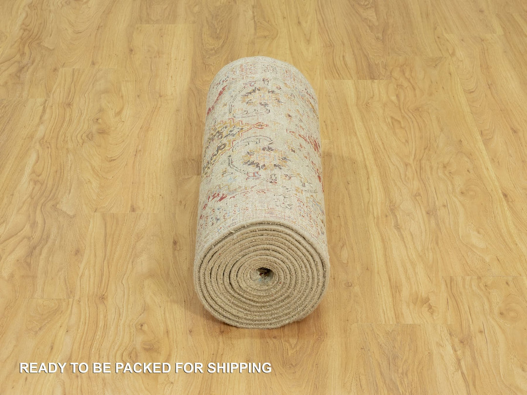 2'9" x 15'10" New Hand Knotted Beige Wool & Silk Runner Oriental Rug - MOA10290528